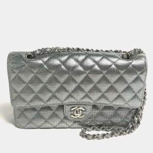 Chanel Metallic Silver Quilted Calfskin Pixel Effect Medium Classic Double Flap Bag