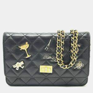 Chanel Black Aged Calfskin Quilted Lucky Charms 2.55 Reissue Wallet On Chain