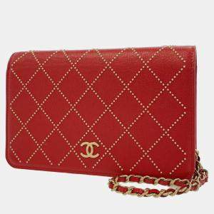 Chanel Red Lambskin Crystal Quilted Wallet On Chain WOC 