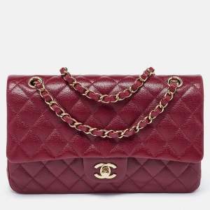 Pre Owned Chanel Red Quilted CaviarLeather Medium Classic Double Flap Bag
