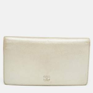 Chanel Pearl White Caviar Leather CC L Yen Continental Wallet