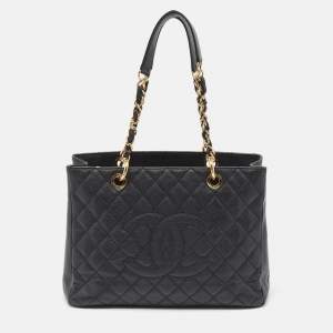 Pre Owned Chanel Black Quilted Caviar Leather GST Shopper Tote