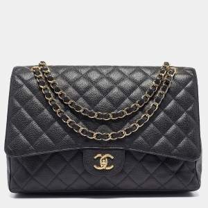 Pre Owned Chanel Black Quilted Caviar Leather Maxi Classic Single Flap Bag