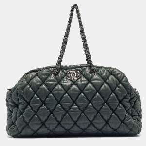 Pre Owned Chanel Dark Green Black Bubble Quilted Leather Bowler Bag