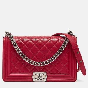 Chanel Red Quilted Perforated Leather New Medium Boy Bag