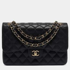 Chanel Black Quilted Caviar Leather Jumbo Classic Double Flap Bag