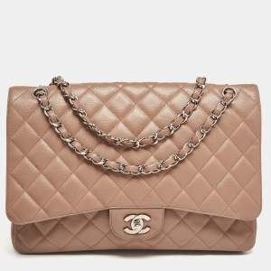 Pre Owned Chanel Old Rose Quilted Caviar Leather Maxi Classic Single Flap Bag