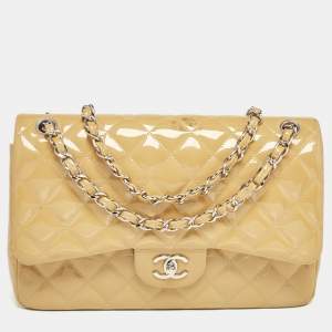 Chanel Cream Quilted Patent Leather Jumbo Classic Double Flap Bag