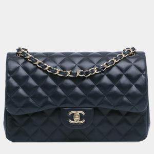 Chanel Navy Blue Lambskin Leather Jumbo Classic Double Flap Bag