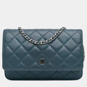 Chanel Blue Tone Lambskin Leather Classic Wallet on Chain