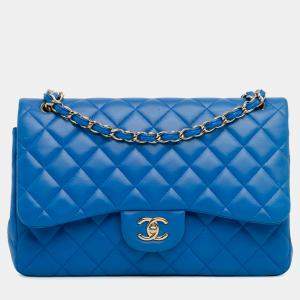 Chanel Blue Lambskin Leather Jumbo Classic Double Flap Bag