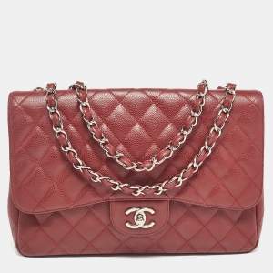 Pre Owned Chanel Red Quilted Caviar Leather Jumbo Classic Single Flap Bag