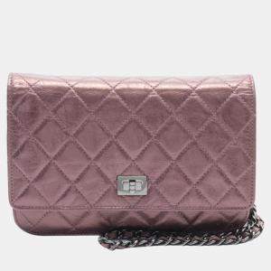 Chanel Pink Metallic Quilted Aged Calfskin Leather 2.55 Reissue Wallet on Chain