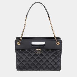 Chanel Black Aged Calfskin Leather CC Quilted Shopping Tote Bag