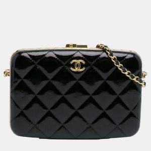 Pre Owned Chanel Black Large Glazed Goatskin Box With Chain
