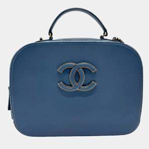 Chanel Blue Shiny Calfskin Goatskin Quilted Coco Curve Vanity Case