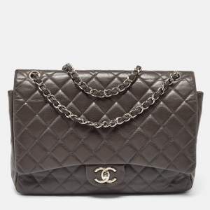 Chanel Grey Quilted Caviar Leather Maxi Classic Double Flap Bag