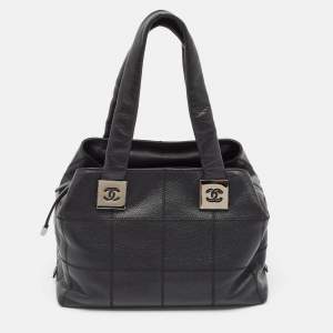 Chanel Black Leather Square Stitch Bowler Bag