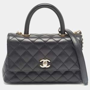 Pre Owned Chanel Black Quilted Caviar Leather Small Coco Top Handle Bag