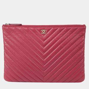 Chanel Red Leather Chevron New Medium Clutch