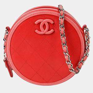 Chanel Red Quilted Lambskin Color Pop Round Clutch with Chain 