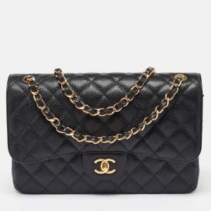 Chanel Black Caviar Quilted Leather Jumbo Classic Double Flap Bag