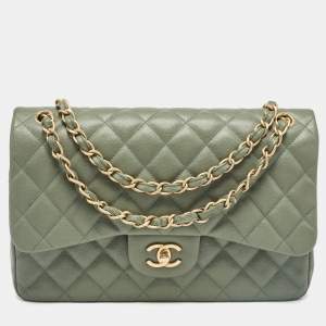 Chanel Green Quilted Caviar Leather Jumbo Classic Double Flap Bag