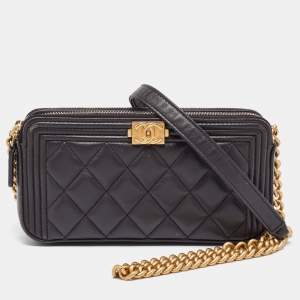 Chanel Grey Quilted Leather Boy Double Zip Chain Clutch