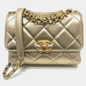 Chanel Gold Quilted Lambskin Mini Crystal Logo Letters Chain Handle Flap Bag 