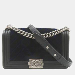 Chanel Black Patchwork Velvet with Calfskin Old Medium Boy Flap Shoulder Bags