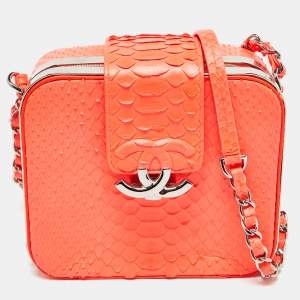 Pre Owned Chanel Neon Orange Quilted Python Mini CC Box Camera Bag