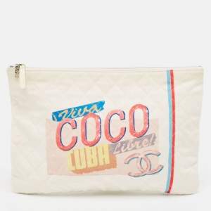 Pre Owned Chanel White Quilted Canvas Coco Cuba O-Case Clutch