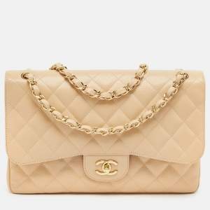 Chanel Beige Caviar Leather Jumbo Classic Double Flap Bag