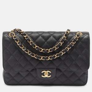 Chanel Black Quilted Caviar Leather Jumbo Classic Double Flap Bag