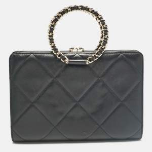 Pre Owned Chanel Black Quilted Leather Frame Round Handle Clutch Bag