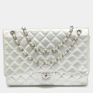 Chanel Silver Quilted Leather Maxi Classic Single Flap Bag