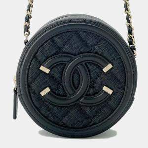 Chanel Black Leather CC Filigree Round Chain Shoulder Bag