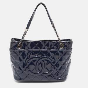 Chanel Navy Blue Quilted Patent Leather Timeless CC Shopper Tote