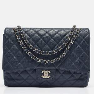 Pre Owned Chanel Navy Blue Quilted Caviar Leather Maxi Classic Single Flap Bag