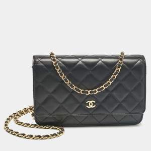 Chanel Black Quilted Leather Classic Wallet On Chain