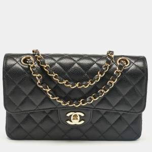 Pre Owned Chanel Black Quilted Caviar Leather Small Classic Double Flap Bag