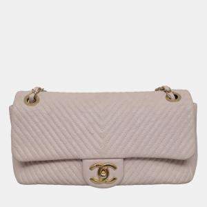 Chanel Soft Pink Leather Chevron Medium Flap Shoulder Bag