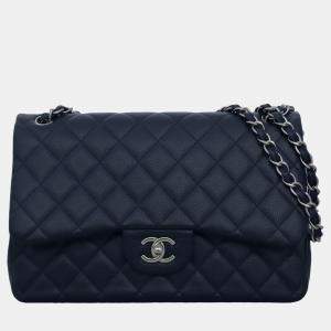 Chanel Dark Blue Caviar Leather Jumbo Classic Double Flap Bag