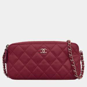 Pre Owned Chanel Red Leather Double Zip CC Clutch on Chain