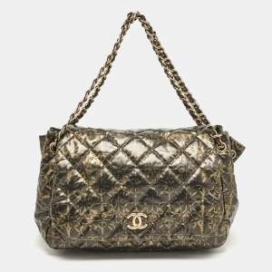 Pre Owned Chanel Black/Gold Quilted Printed Coated Nylon Accordion Flap Bag