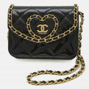 Chanel Black Patent Leather CC Heart Wallet with Chain