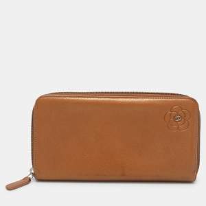 Chanel Brown Leather Camellia Zip Around Wallet