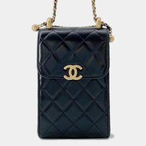 Pre Owned Chanel Black Shiny Calf Leather Phone Folder Matelasse Chain Bag