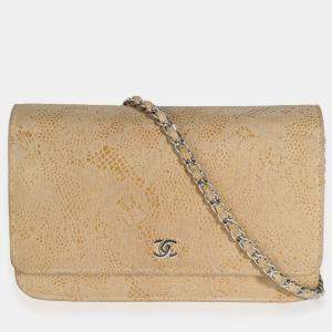 Chanel Beige Suede Lace Over Wallet On Chain Bag