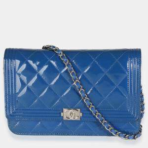 Chanel Blue Quilted Patent Boy Wallet On Chain